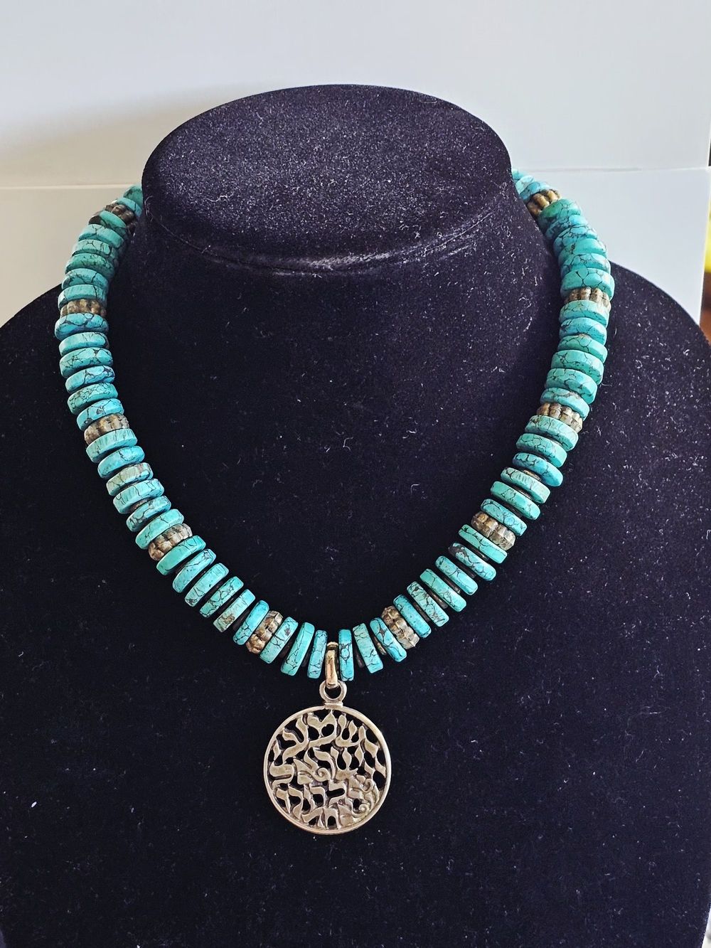 VintageTurquoise Disc Bead Necklace with Hebrew Shema Yisrael Silvertone Pendant